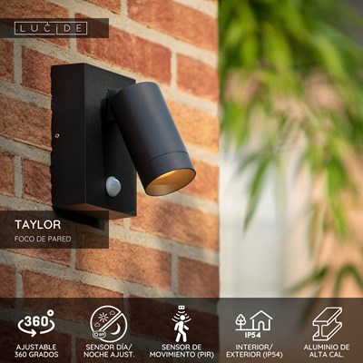Lucide TAYLOR - Foco de pared / Lámpara de pared Dentro/Fuera - 1xGU10 - IP54 - Sensor movimiento - Negro